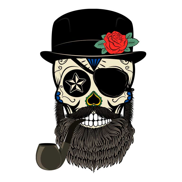Sugar Skull with Beard and Top Hat Smoking a Pipe Graphic Decal - Ragged Apparel Screen Printing and Signs - www.nmshirts.com