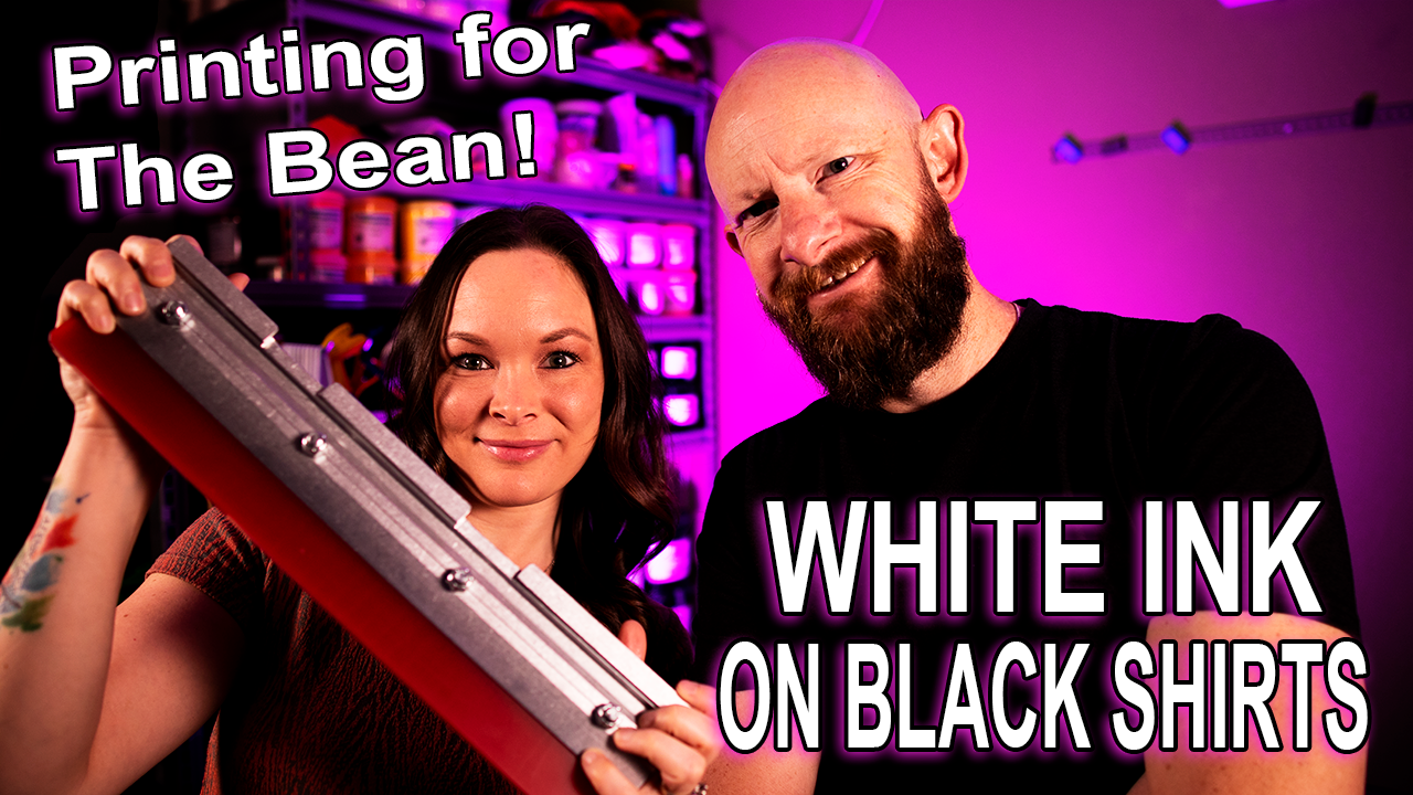 Screen Printing white ink on black shirts for The Bean in Mesilla, NM.  How to get a soft hand print