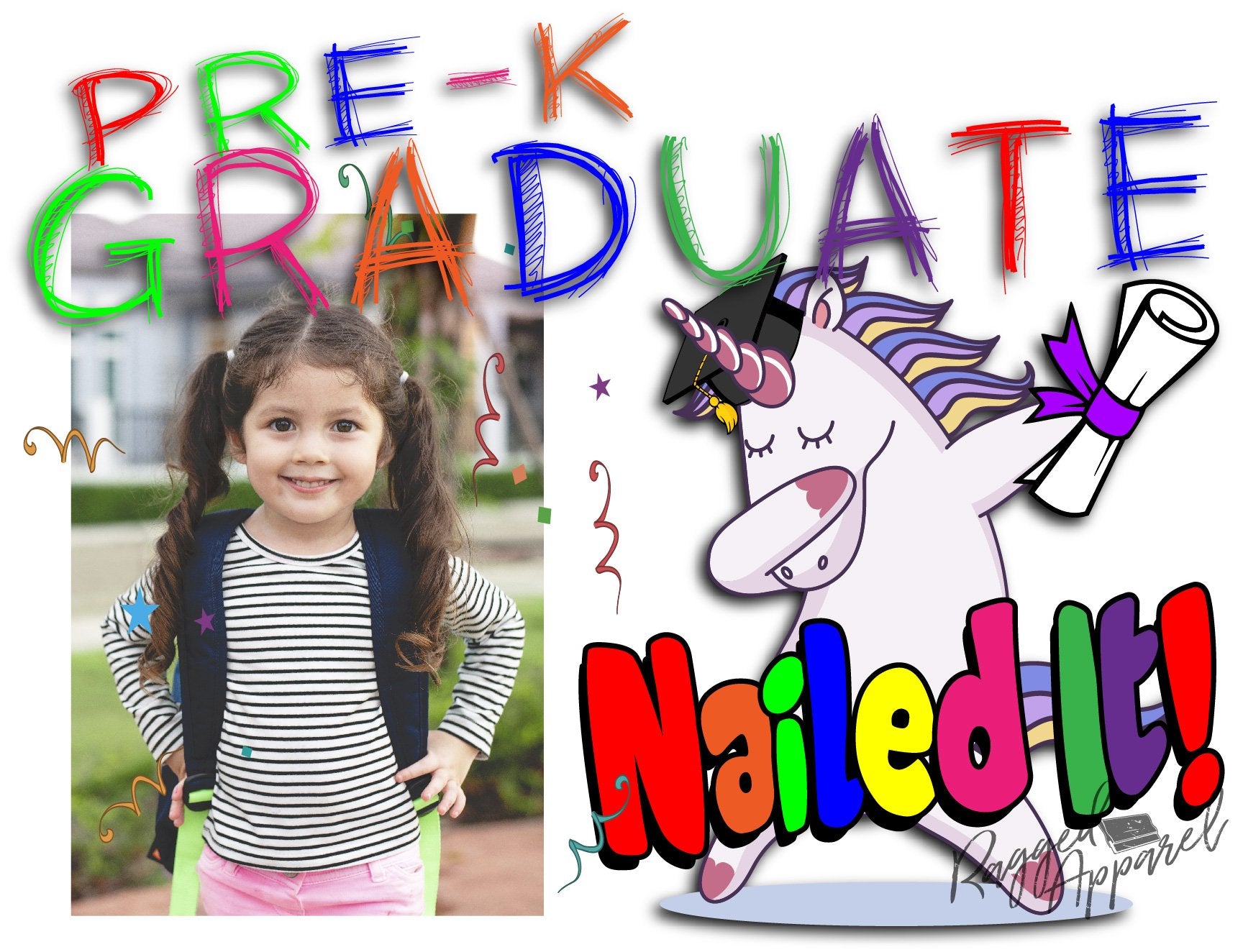 Girls Pre-K Graduate Personalized Photo Sign With Dabbing Unicorn - Ragged Apparel Screen Printing and Signs - www.nmshirts.com