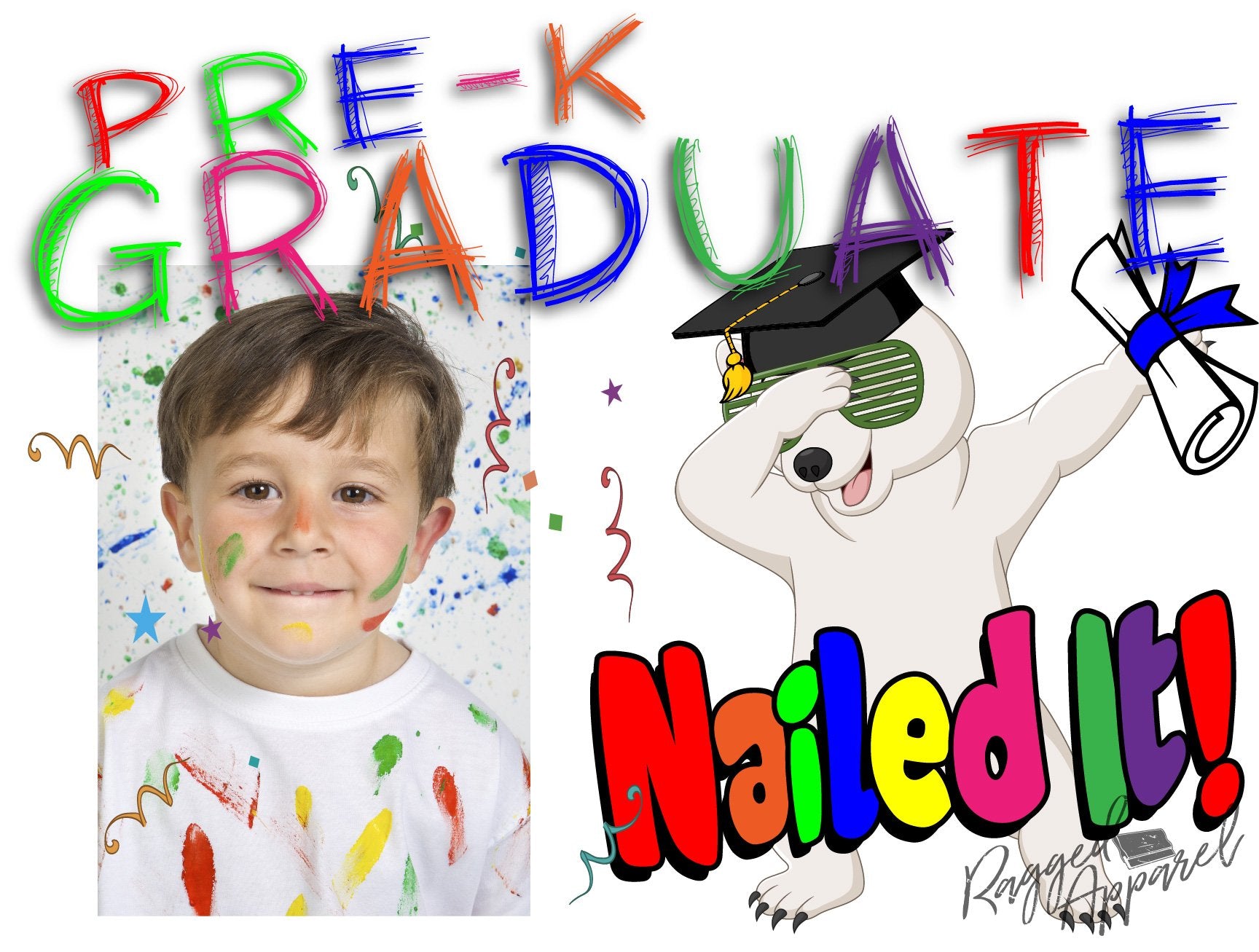 Boys Pre-K Graduate Personalized Photo Sign With Dabbing Bear - Ragged Apparel Screen Printing and Signs - www.nmshirts.com