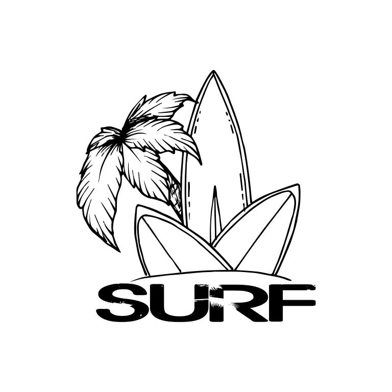 Black & White Surf Board with Palm Trees Graphic Decal - Ragged Apparel Screen Printing and Signs - www.nmshirts.com