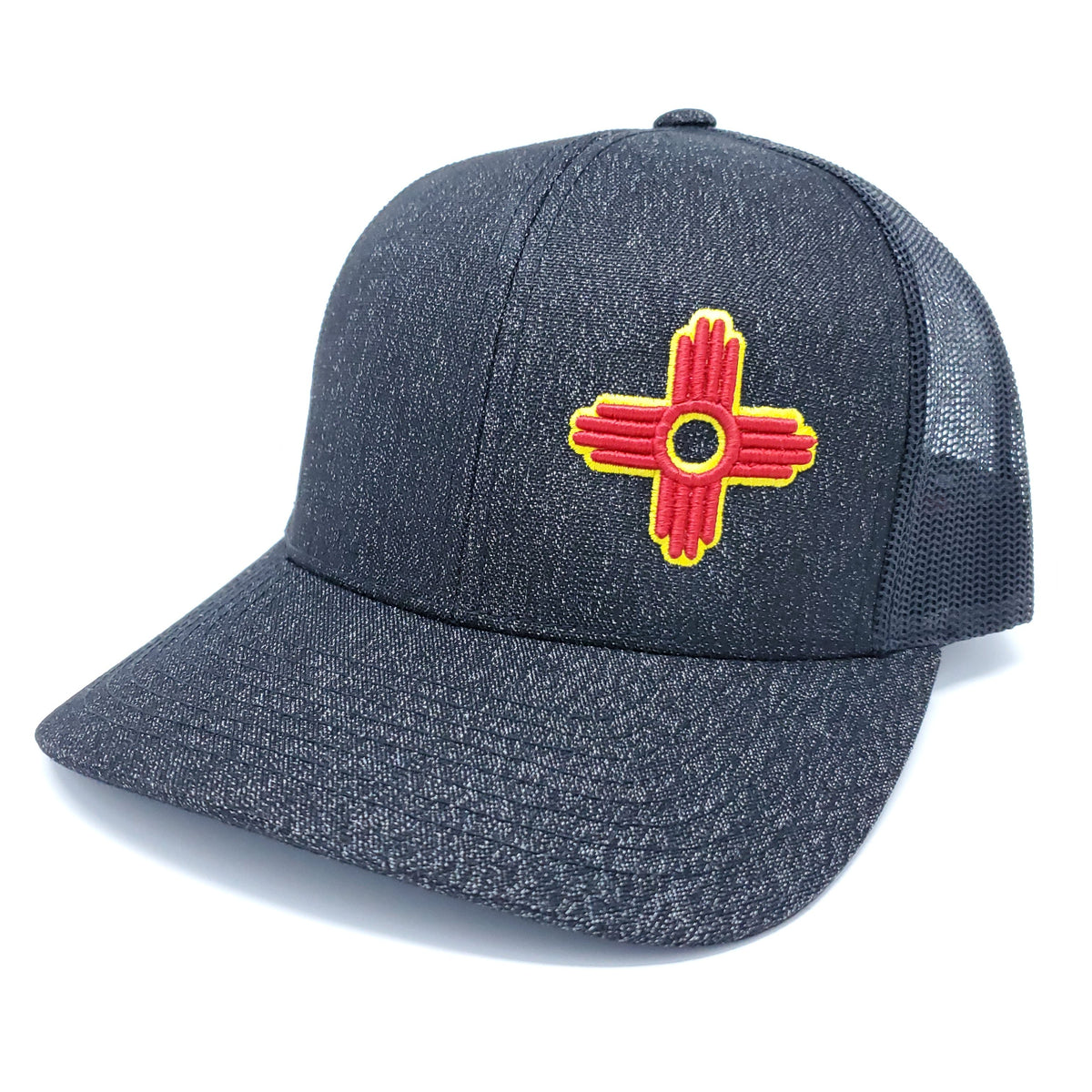 Black Heather Trucker Style Snapback with Embroidered Zia Symbol - Ragged Apparel Screen Printing and Signs - www.nmshirts.com