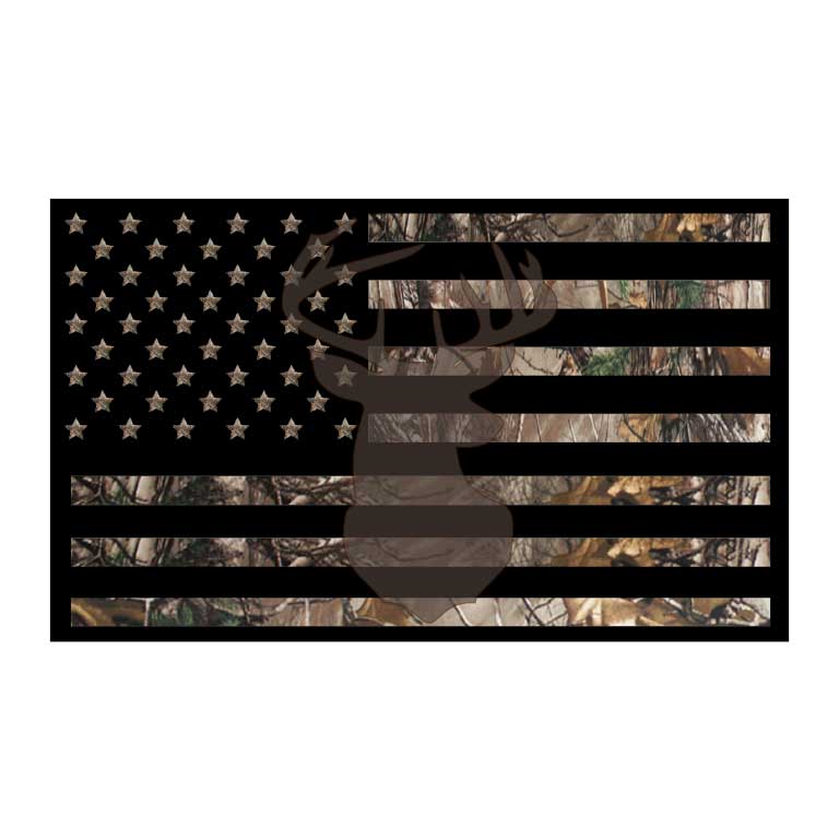 Deer Hunter Camo American Flag Graphic Decal - Ragged Apparel Screen Printing and Signs - www.nmshirts.com