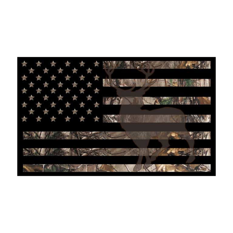 Silhouette Deer Hunter Camo American Flag Graphic Decal - Ragged