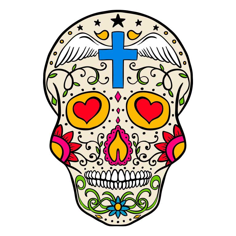 Dia de los Muertos Sugar Skull with Cross and Angel Wings Graphic Decal - Ragged Apparel Screen Printing and Signs - www.nmshirts.com