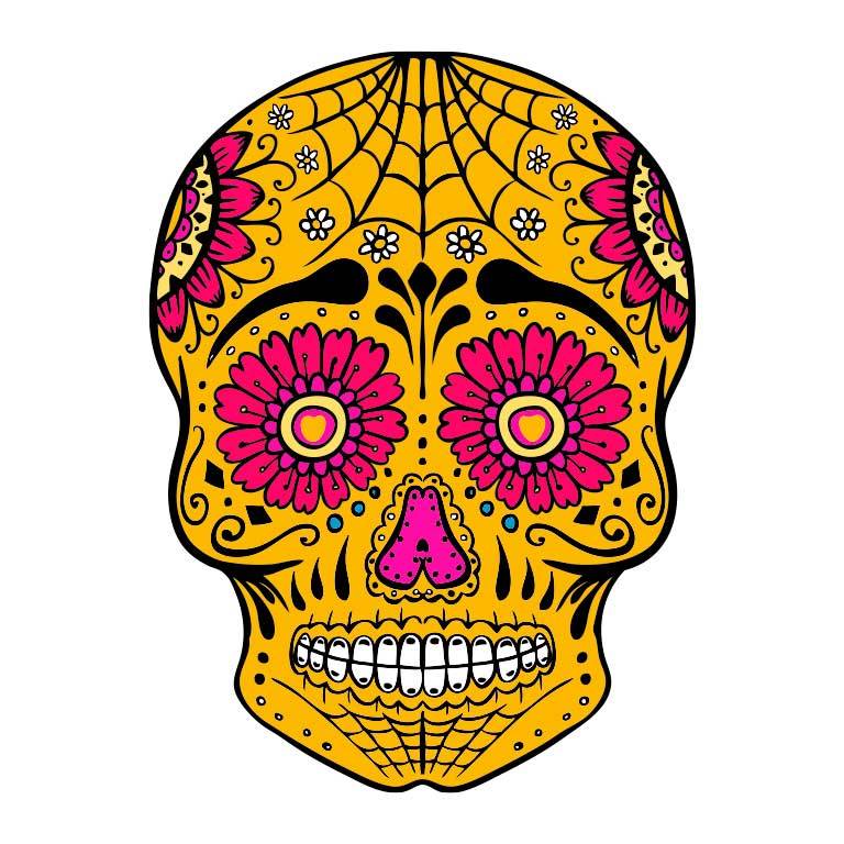 Dia de los Muertos Yellow Gold Sugar Skull with Flower Eyes Graphic Decal - Ragged Apparel Screen Printing and Signs - www.nmshirts.com
