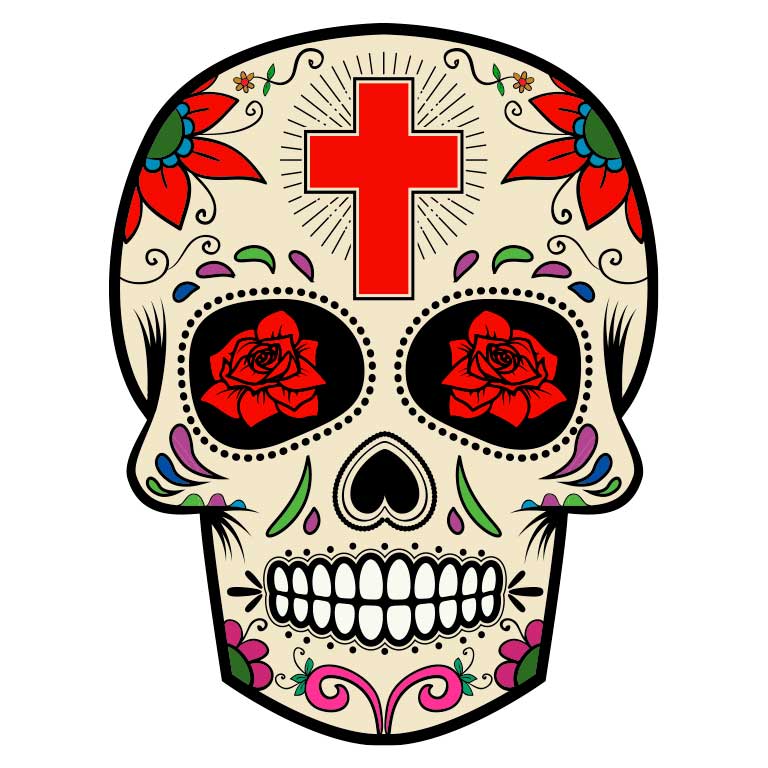 Dia de los Muertos Sugar Skull with Red Cross on Head Graphic Decal - Ragged Apparel Screen Printing and Signs - www.nmshirts.com