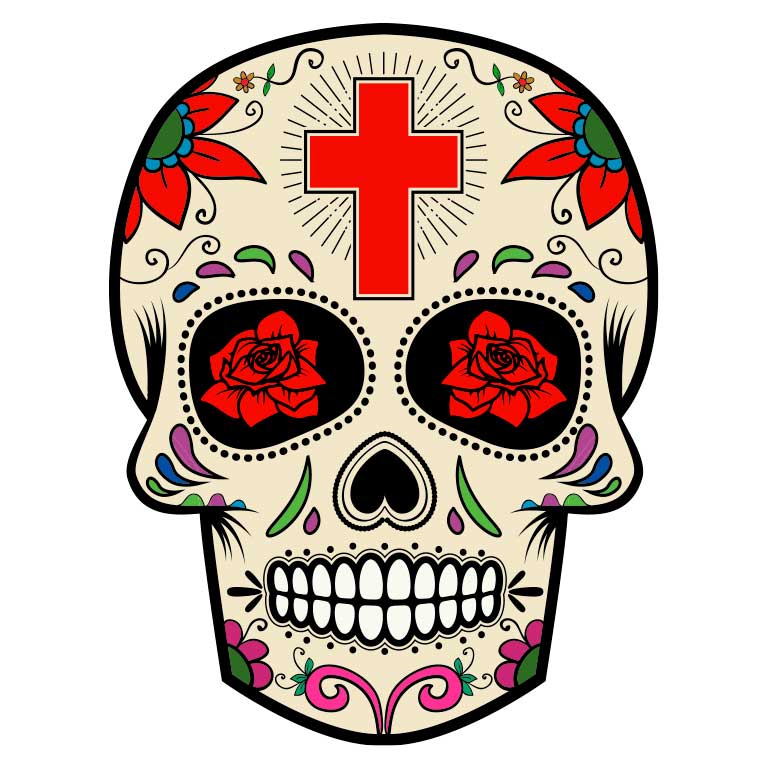 Dia de los Muertos Sugar Skull with Red Cross on Head Graphic Decal - Ragged Apparel Screen Printing and Signs - www.nmshirts.com