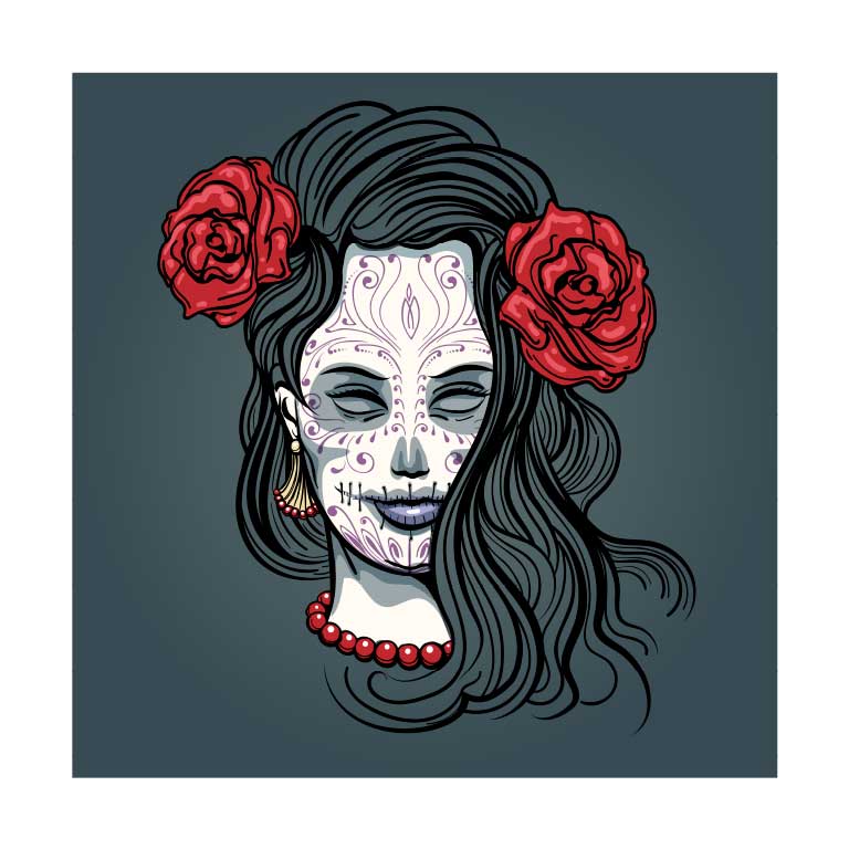 Dia de los Muertos Sugar Skull Woman with Flowers in Hair Graphic Decal - Ragged Apparel Screen Printing and Signs - www.nmshirts.com