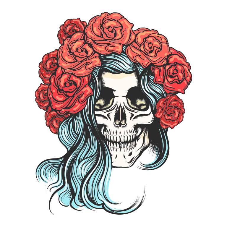 Dia de los Muertos Sugar Skull Woman with Red Flowers in Hair Graphic Decal - Ragged Apparel Screen Printing and Signs - www.nmshirts.com