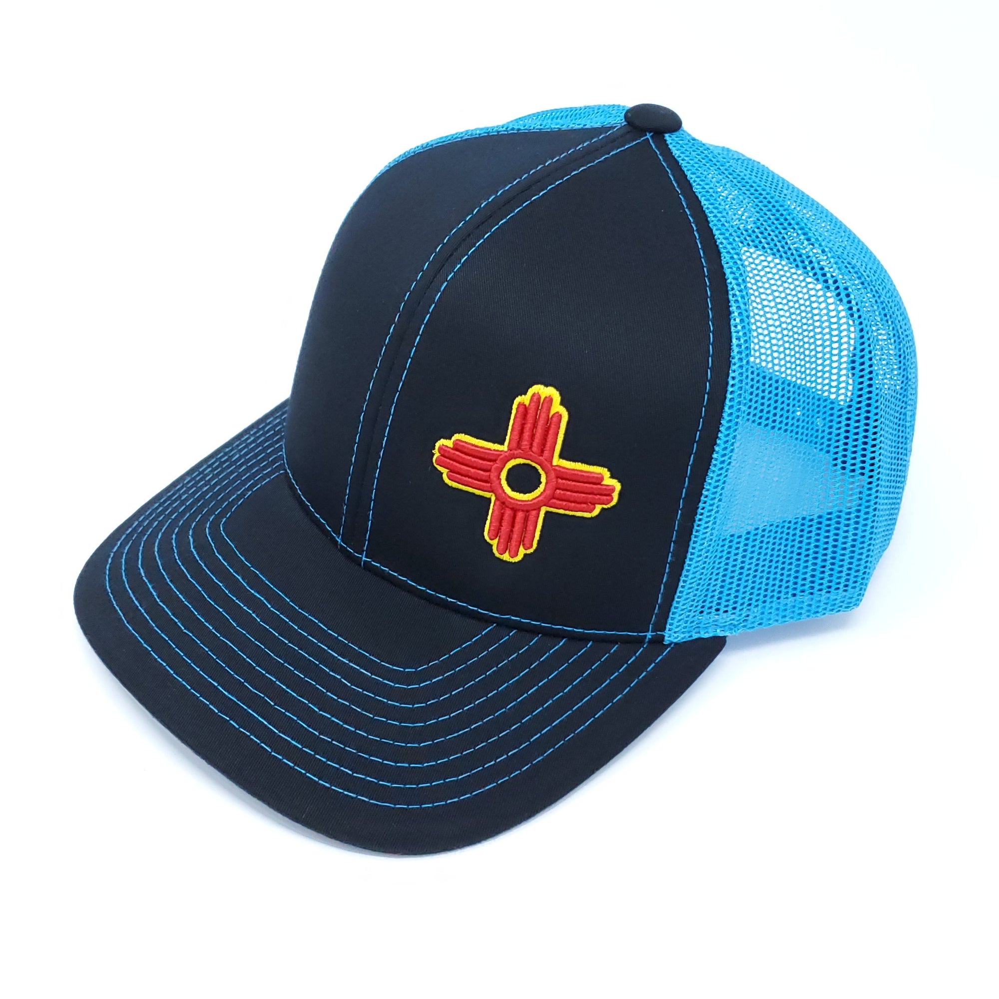 Neon Blue and Black Trucker Style Snapback with Embroidered Zia Symbol - Ragged Apparel Screen Printing and Signs - www.nmshirts.com