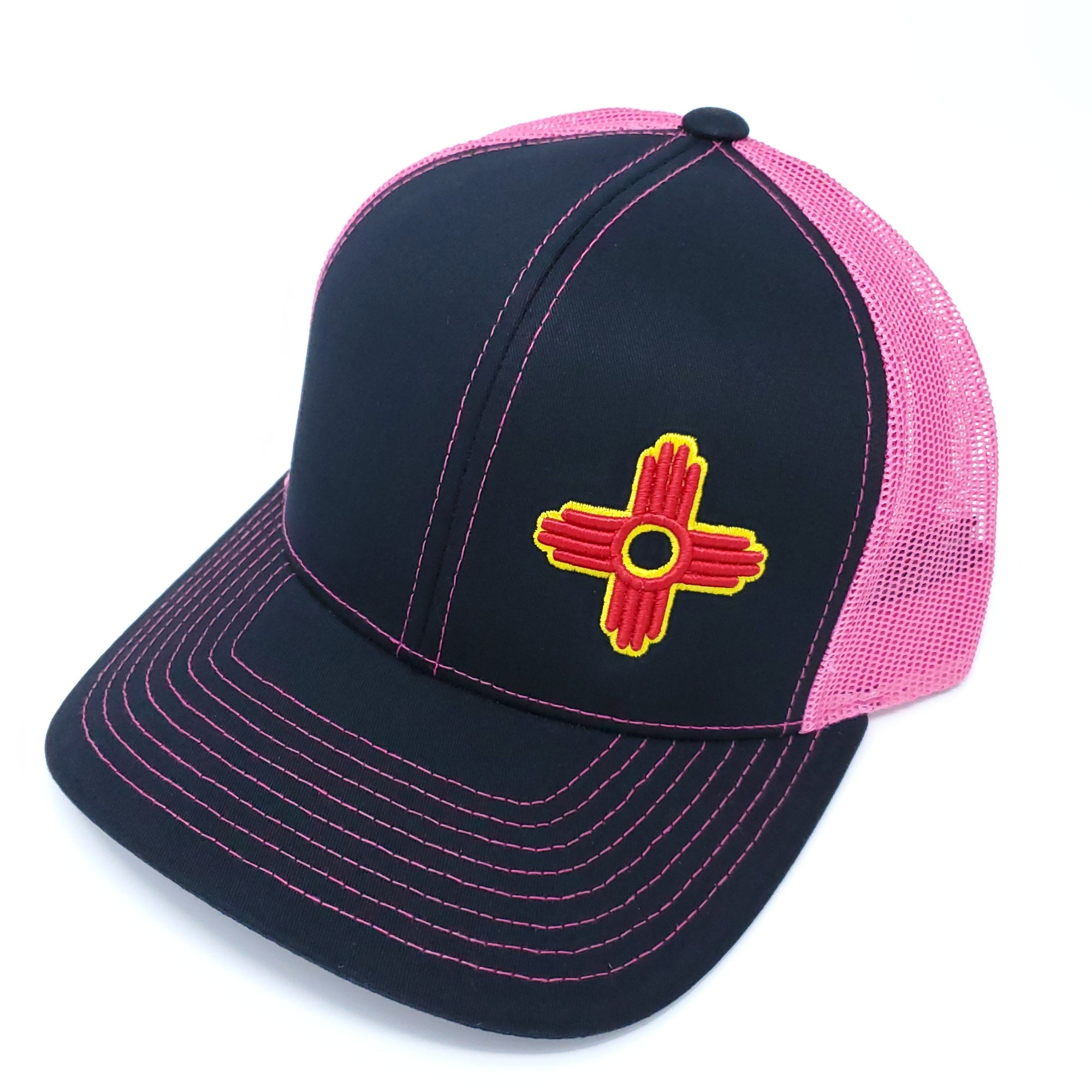 Neon Pink Trucker Style Snapback with Embroidered Zia Symbol - Ragged Apparel Screen Printing and Signs - www.nmshirts.com