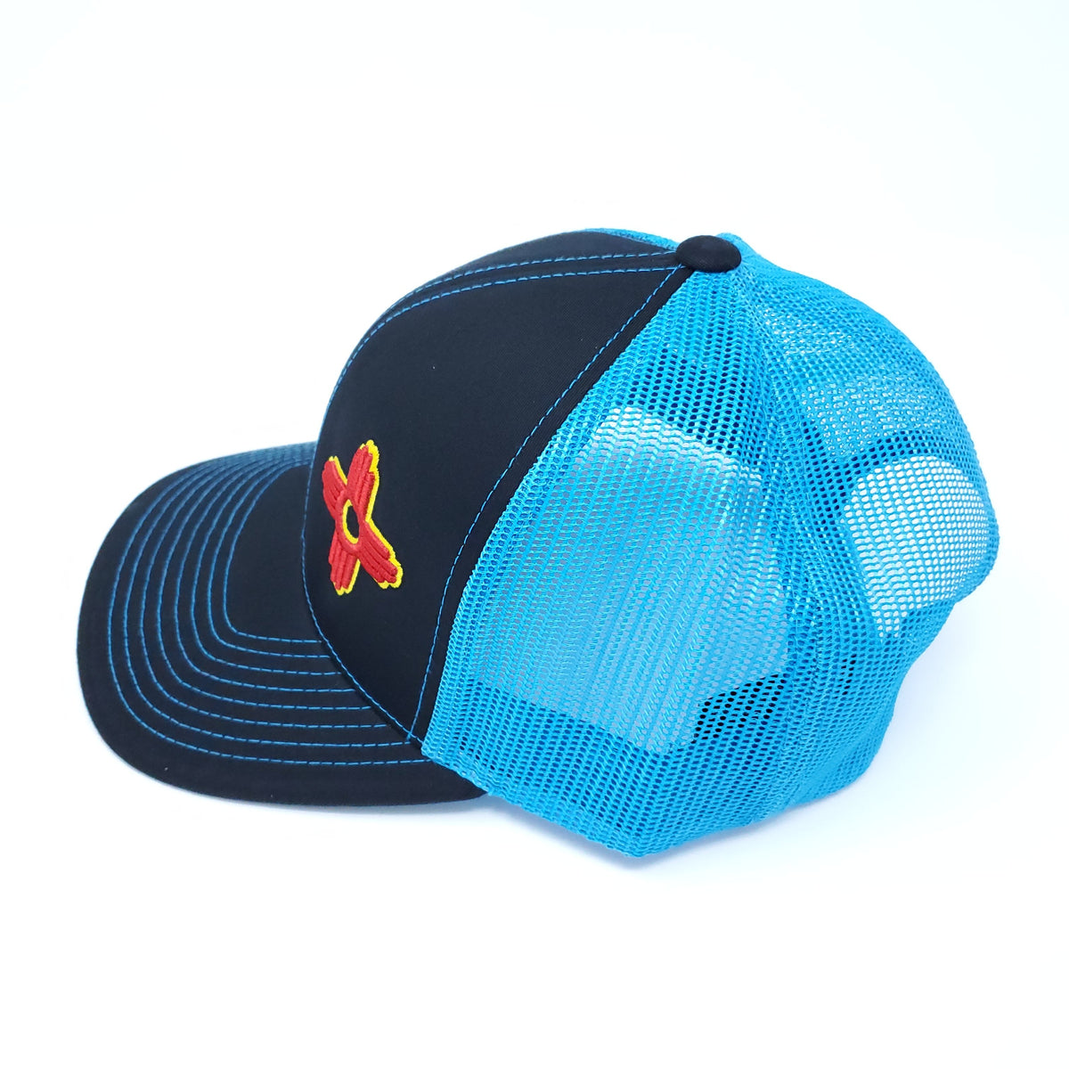 Neon Blue and Black Trucker Style Snapback with Embroidered Zia Symbol - Ragged Apparel Screen Printing and Signs - www.nmshirts.com