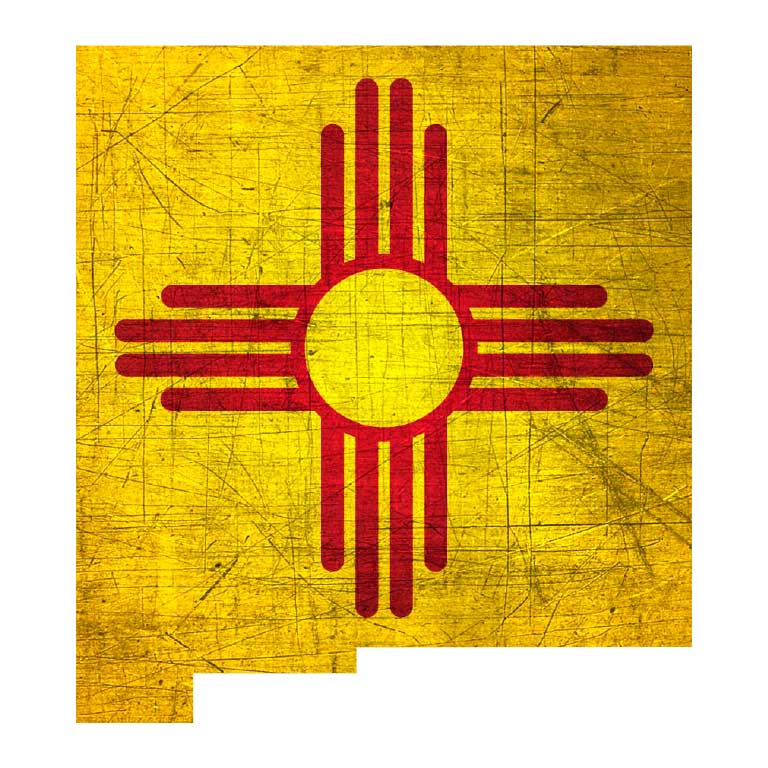 Distressed Yellow New Mexico State Shape with Red Zia Graphic Decal - Ragged Apparel Screen Printing and Signs - www.nmshirts.com