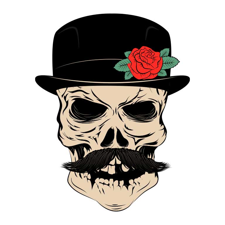 Sugar Skull with Mustache and Top Hat Graphic Decal - Ragged Apparel Screen Printing and Signs - www.nmshirts.com