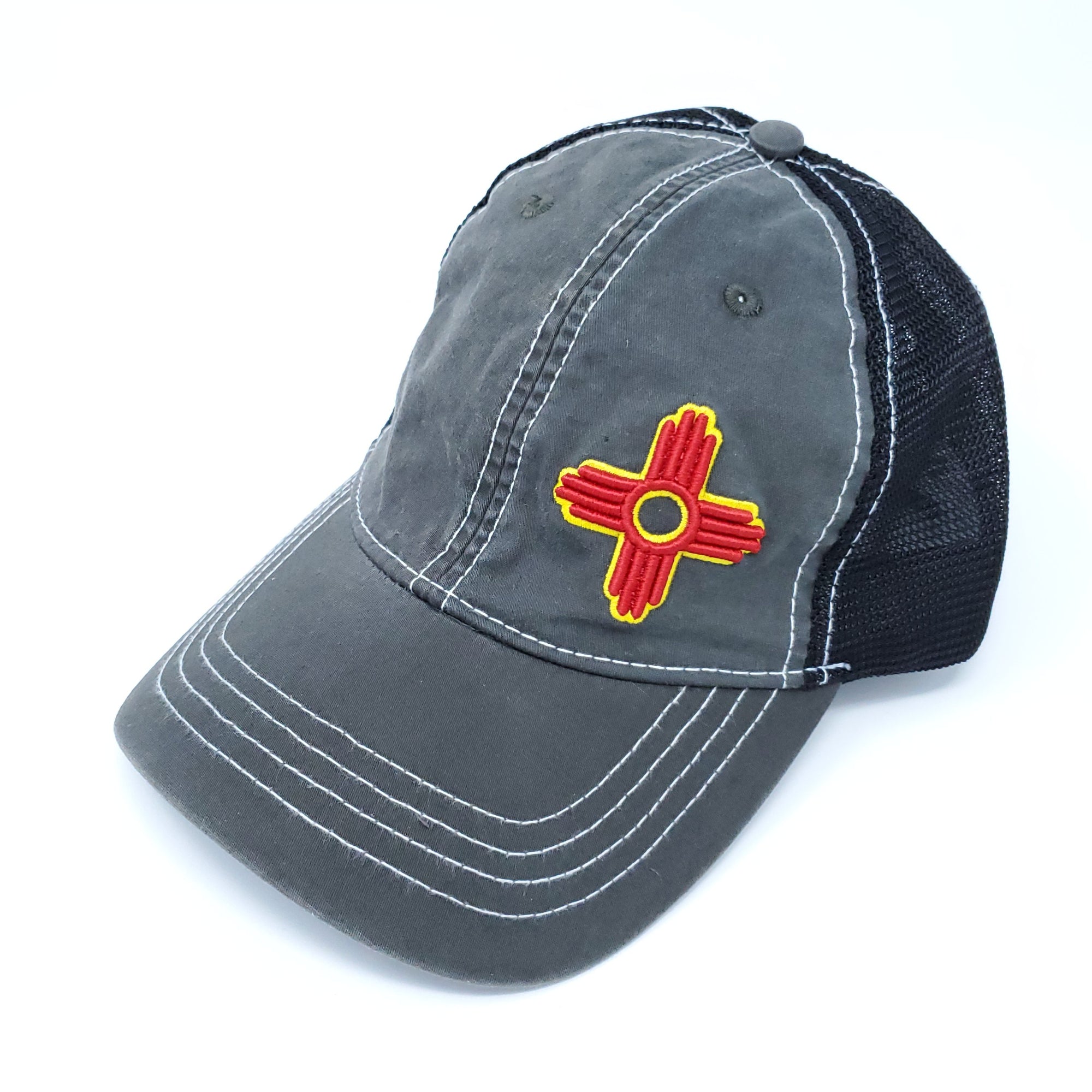Vintage Trucker Style Snapback with Embroidered Zia Symbol - Ragged Apparel Screen Printing and Signs - www.nmshirts.com